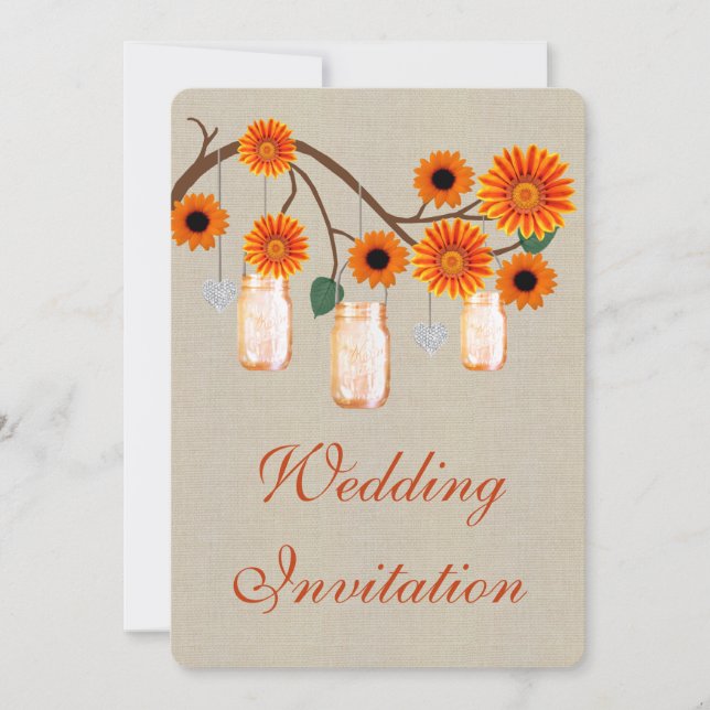 Burlap Rustic Orange Mason Jars Wedding Invitation (Front)