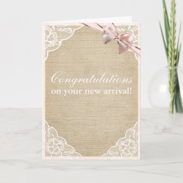 Burlap Rustic Pink Bow Custom Fold Greeting Card (Front)