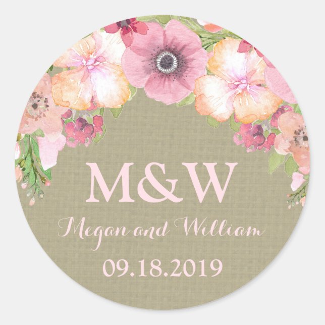 Burlap Rustic Pink Floral Monogram Wedding Tag (Front)