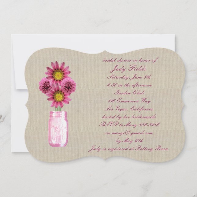 Burlap Rustic Pink Mason Jar Bridal Shower Invite (Front)