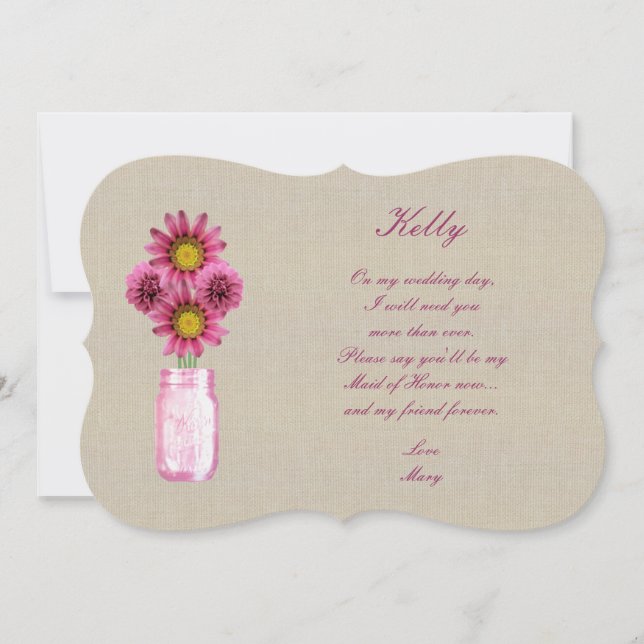 Burlap Rustic Pink Mason Jar Maid Of Honor Card (Front)