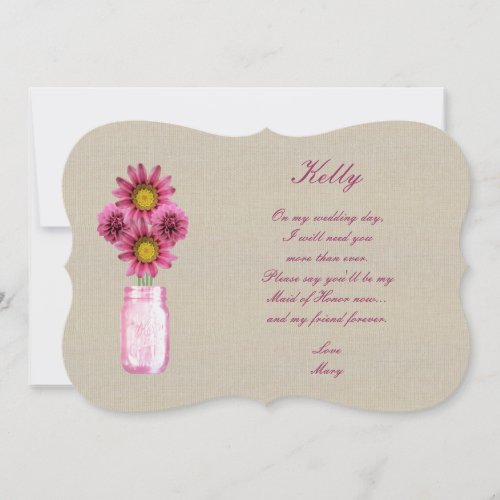 Burlap Rustic Pink Mason Jar Maid Of Honor Card