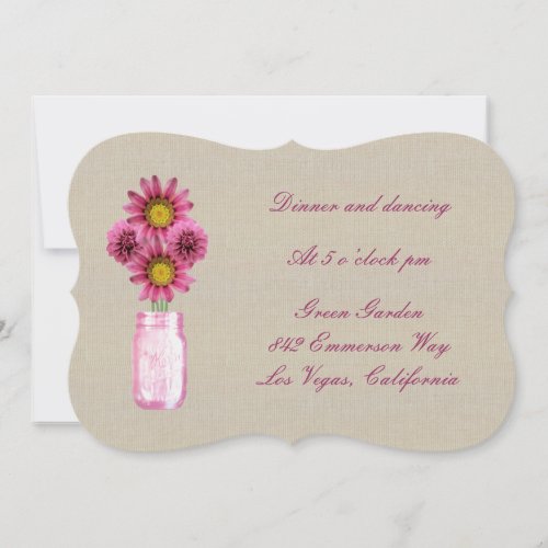 Burlap Rustic Pink Mason Jar Reception Card