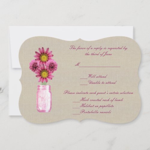 Burlap Rustic Pink Mason Jar Response Card