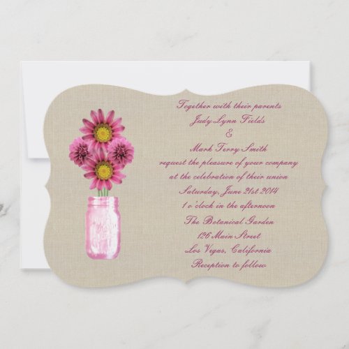 Burlap Rustic Pink Mason Jar Wedding Invitation