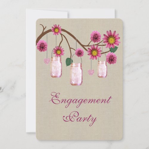 Burlap Rustic Pink Mason Jars Engagement Party Invitation