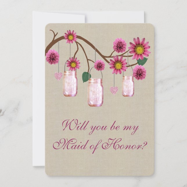 Burlap Rustic Pink Mason Jars Maid Of Honor Card (Front)