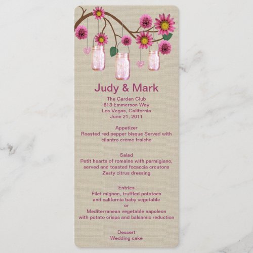 Burlap Rustic Pink Mason Jars Menu Card