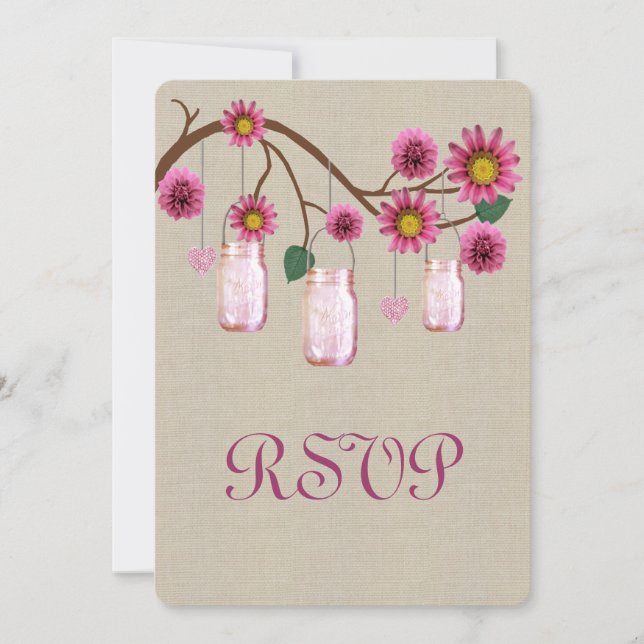 Burlap Rustic Pink Mason Jars Response Card (Front)