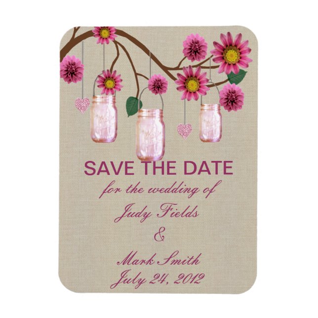 Burlap Rustic Pink Mason Jars Save The Date Magnet (Vertical)