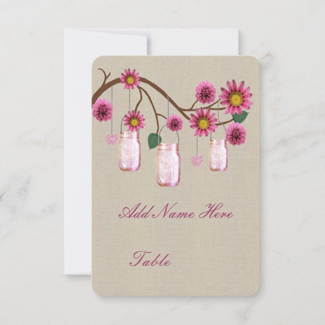 Burlap Rustic Pink Mason Jars Table Place Card (Front)