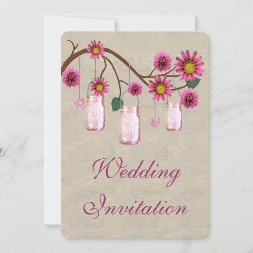 Burlap Rustic Pink Mason Jars Wedding Invitation