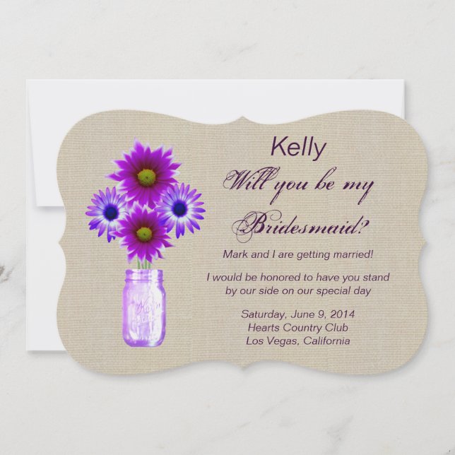 Burlap Rustic Purple Mason Jar Bridesmaid Card (Front)