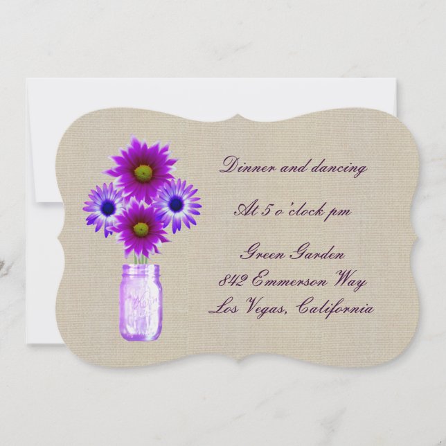 Burlap Rustic Purple Mason Jar Reception Card (Front)