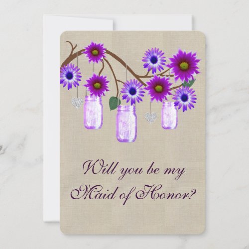 Burlap Rustic Purple Mason Jars Maid Of Honor Card