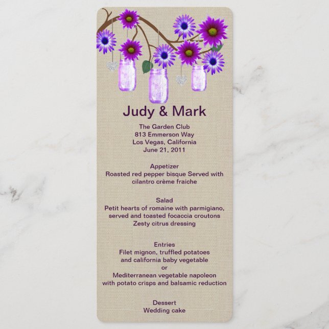 Burlap Rustic Purple Mason Jars Menu Card (Front)
