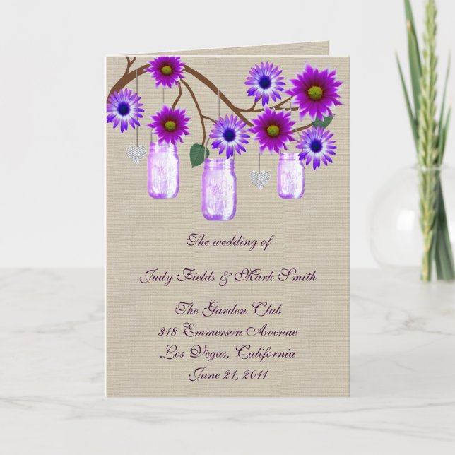 Burlap Rustic Purple Mason Jars Program Card (Front)