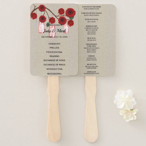 Burlap Rustic Red Floral Mason Jars Wedding Hand Fan