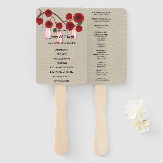Burlap Rustic Red Floral Mason Jars Wedding Hand Fan (Front and Back)