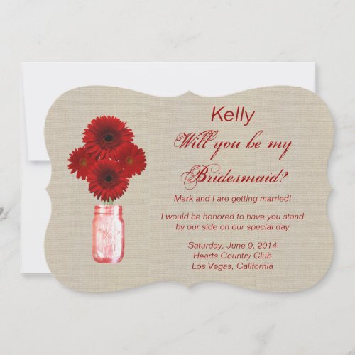 Burlap Rustic Red Mason Jar Bridesmaid Card