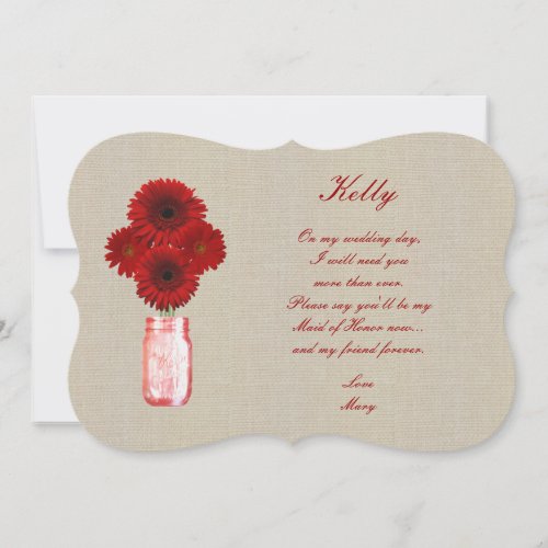 Burlap Rustic Red Mason Jar Maid Of Honor Card