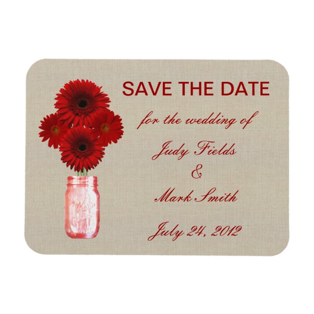 Burlap Rustic Red Mason Jar Save The Date Magnet (Horizontal)