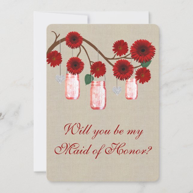 Burlap Rustic Red Mason Jars Maid Of Honor Card (Front)