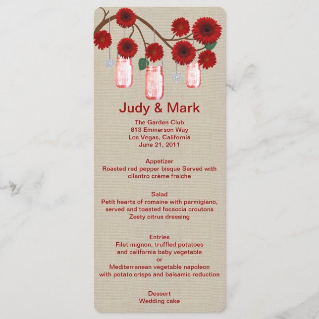 Burlap Rustic Red Mason Jars Menu Card (Front)