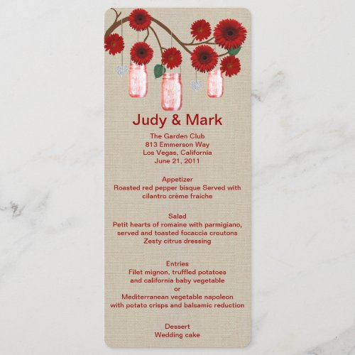 Burlap Rustic Red Mason Jars Menu Card