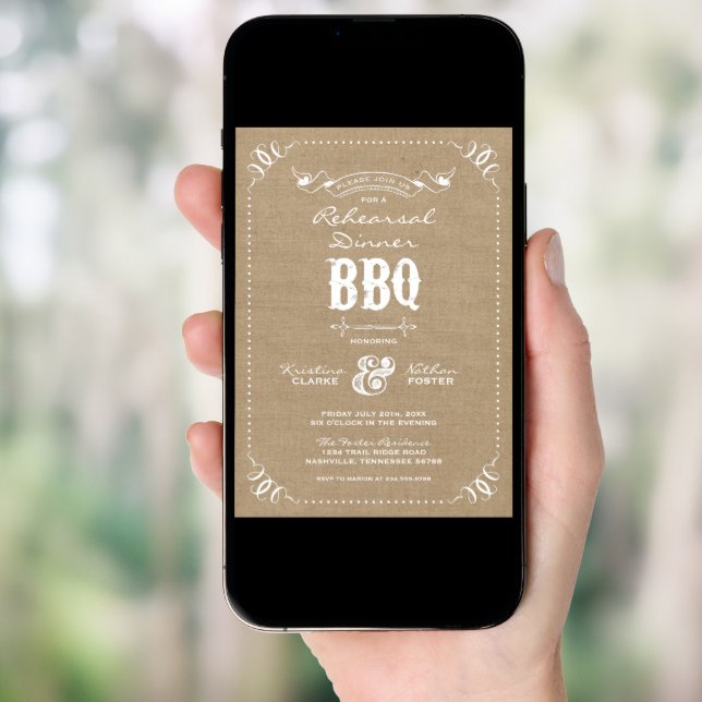Burlap Rustic Rehearsal Dinner BBQ Invitation (Front Digital)