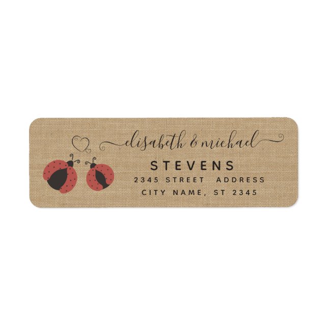 Burlap rustic romantic ladybugs in love wedding label (Front)
