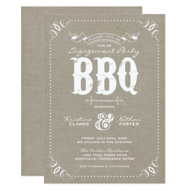 Burlap Rustic Vintage Chic Engagement Party BBQ Invitation