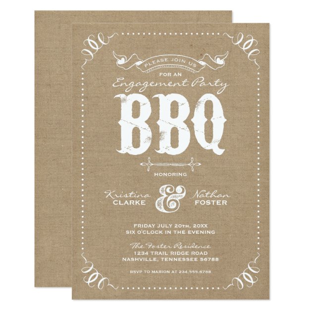 Burlap Rustic Vintage Chic Engagement Party BBQ Invitation