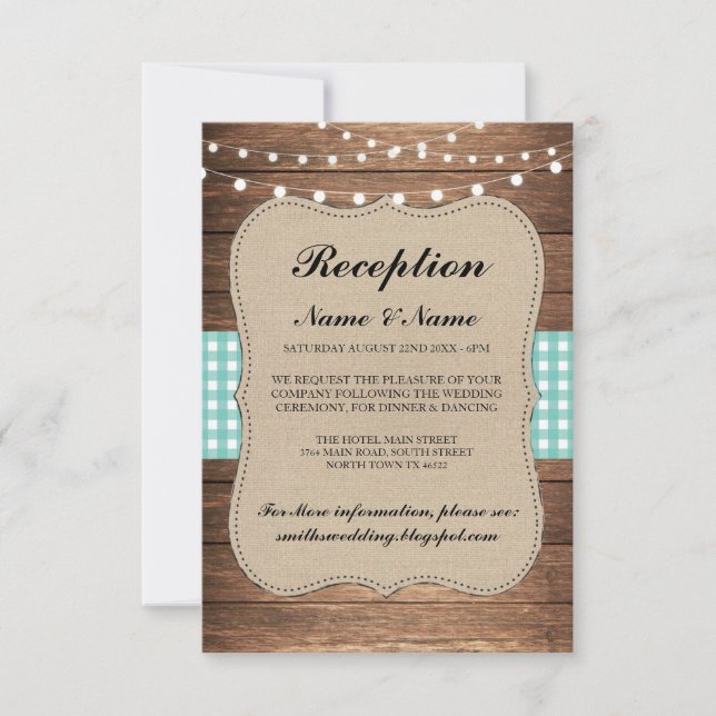 Burlap Rustic Wedding Reception Cards Wood Teal (Front)