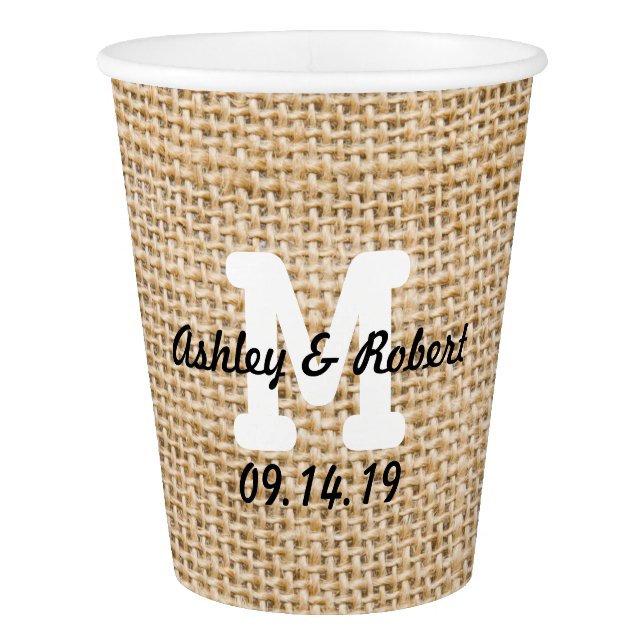 Burlap Rustic Wedding Reception Custom Monogram Paper Cup (Front)
