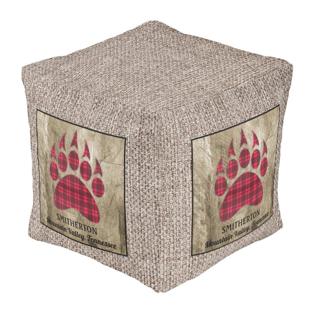 Burlap Rustic Wood Red Buffalo Plaid Bear Paw  Pouf (Angled Back)