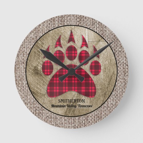 Burlap Rustic Wood Red Buffalo Plaid Bear Paw Round Clock