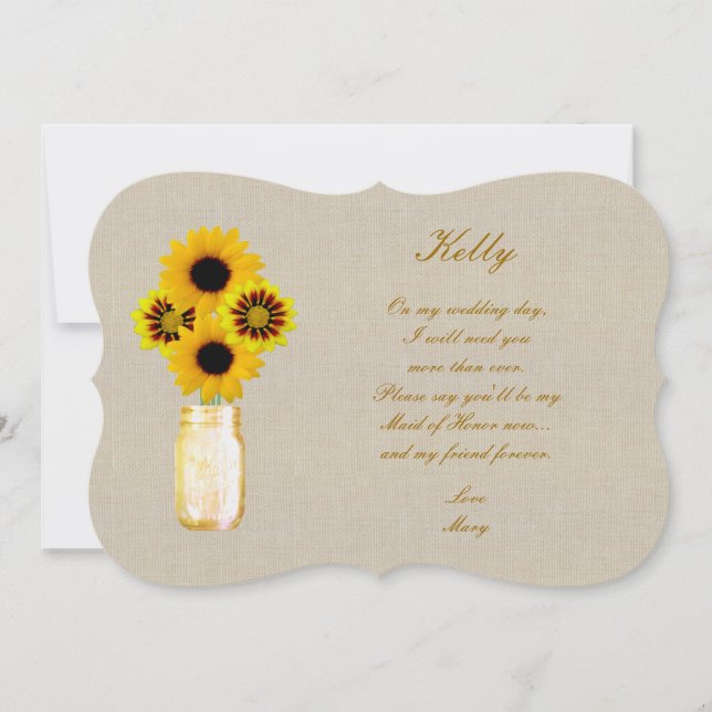 Burlap Rustic Yellow Mason Jar Maid Of Honor Card (Front)