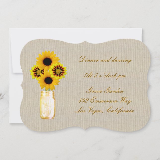 Burlap Rustic Yellow Mason Jar Reception Card (Front)