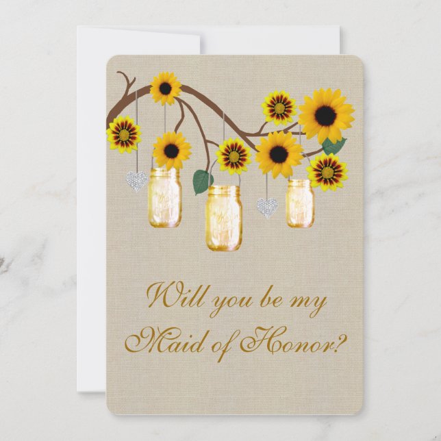Burlap Rustic Yellow Mason Jars Maid Of Honor Card (Front)