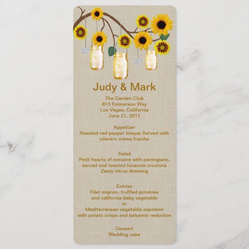 Burlap Rustic Yellow Mason Jars Menu Card