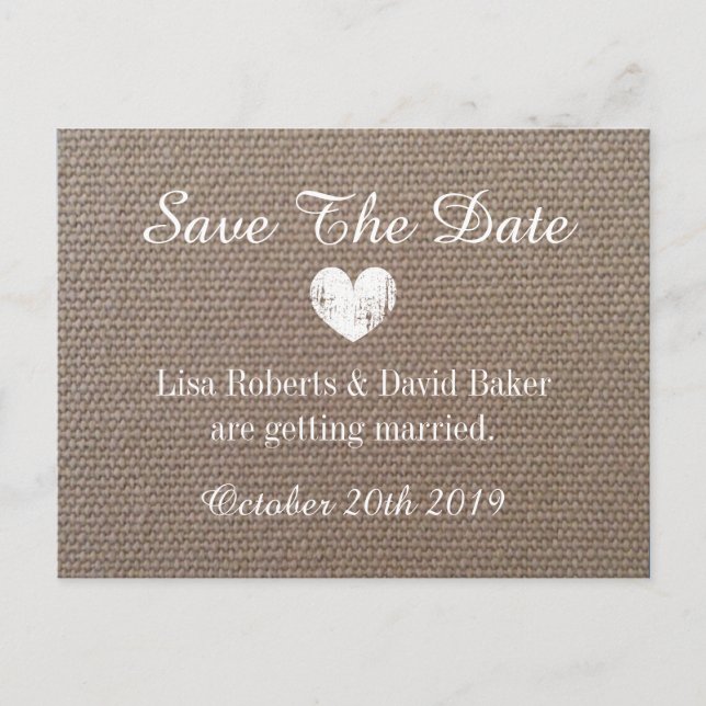 Burlap Save the date wedding postcard with heart (Front)