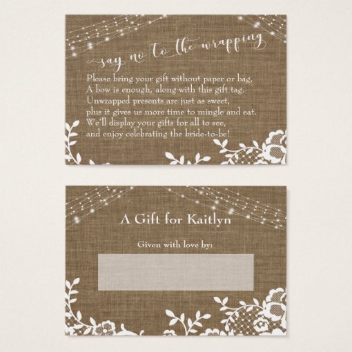 Burlap Say No to Wrapping Bridal Shower Gift Card | Zazzle