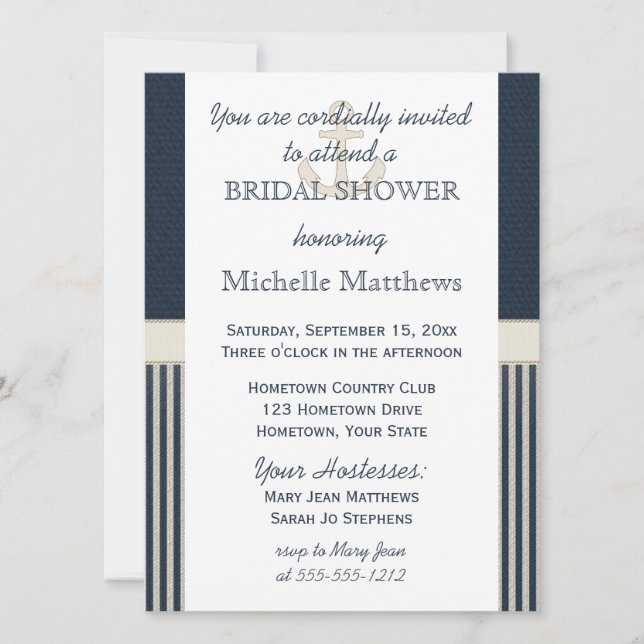 Burlap Ship's Anchor Nautical Stripe Bridal Shower Invitation (Front)