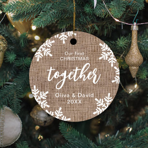Burlap Snowflakes Our First Christmas Together Metal Ornament