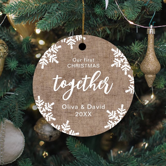 Burlap Snowflakes Our First Christmas Together Metal Ornament (Burlap Snowflakes Our First Christmas Together Metal Ornament)