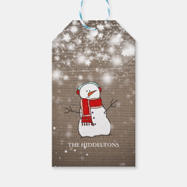 Burlap Stars Christmas Cute Snowman Script Holiday Gift Tags