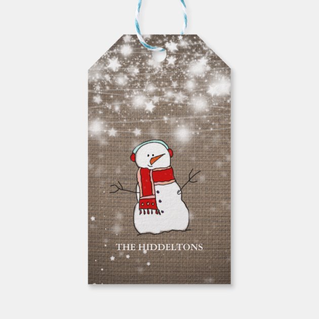 Burlap Stars Christmas Cute Snowman Script Holiday Gift Tags
