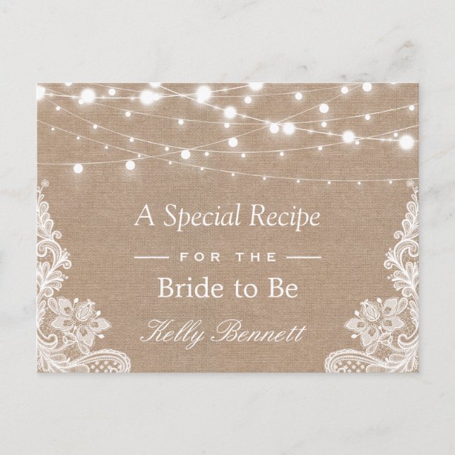 Burlap String Lights Lace Bridal Shower Recipe Postcard (Front)