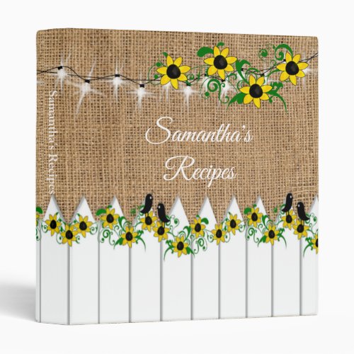 Burlap String Lights Sunflower Cookbook Recipe 3 Ring Binder